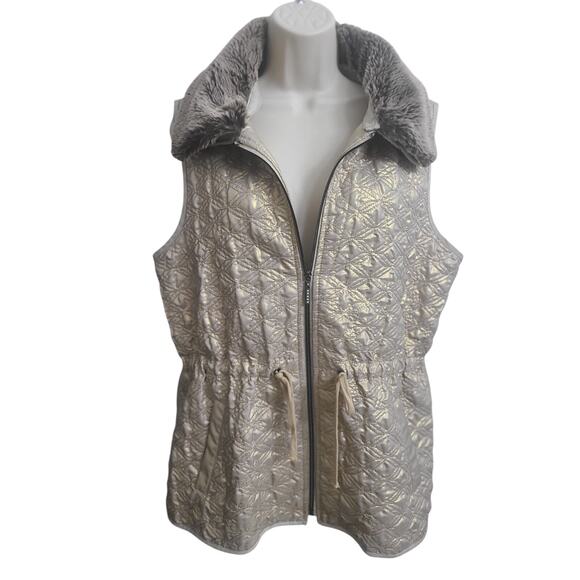 Onque Casual Beige Fully Zip Vest Detachable Fur Collar XL Pockets Pullstring - Picture 1 of 8